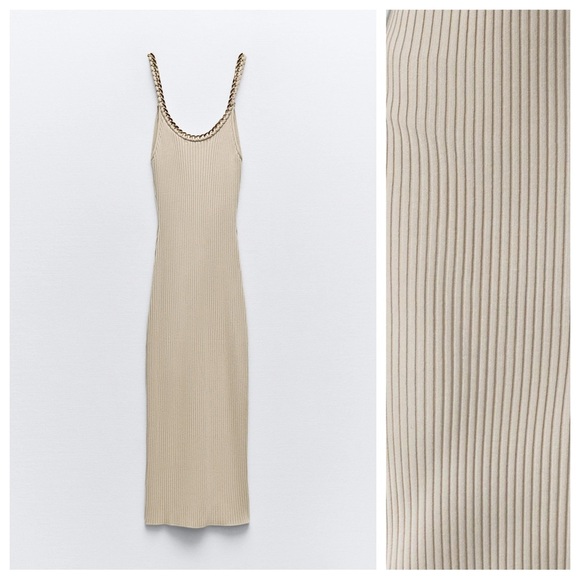 NWT. Zara Light Khaki Chain Trim Ribbed Knit Midi Dress. Size M. - Picture 6 of 10